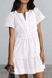 Eyelet Notched Short Sleeve Mini Dress - Trendsi - Flyclothing LLC
