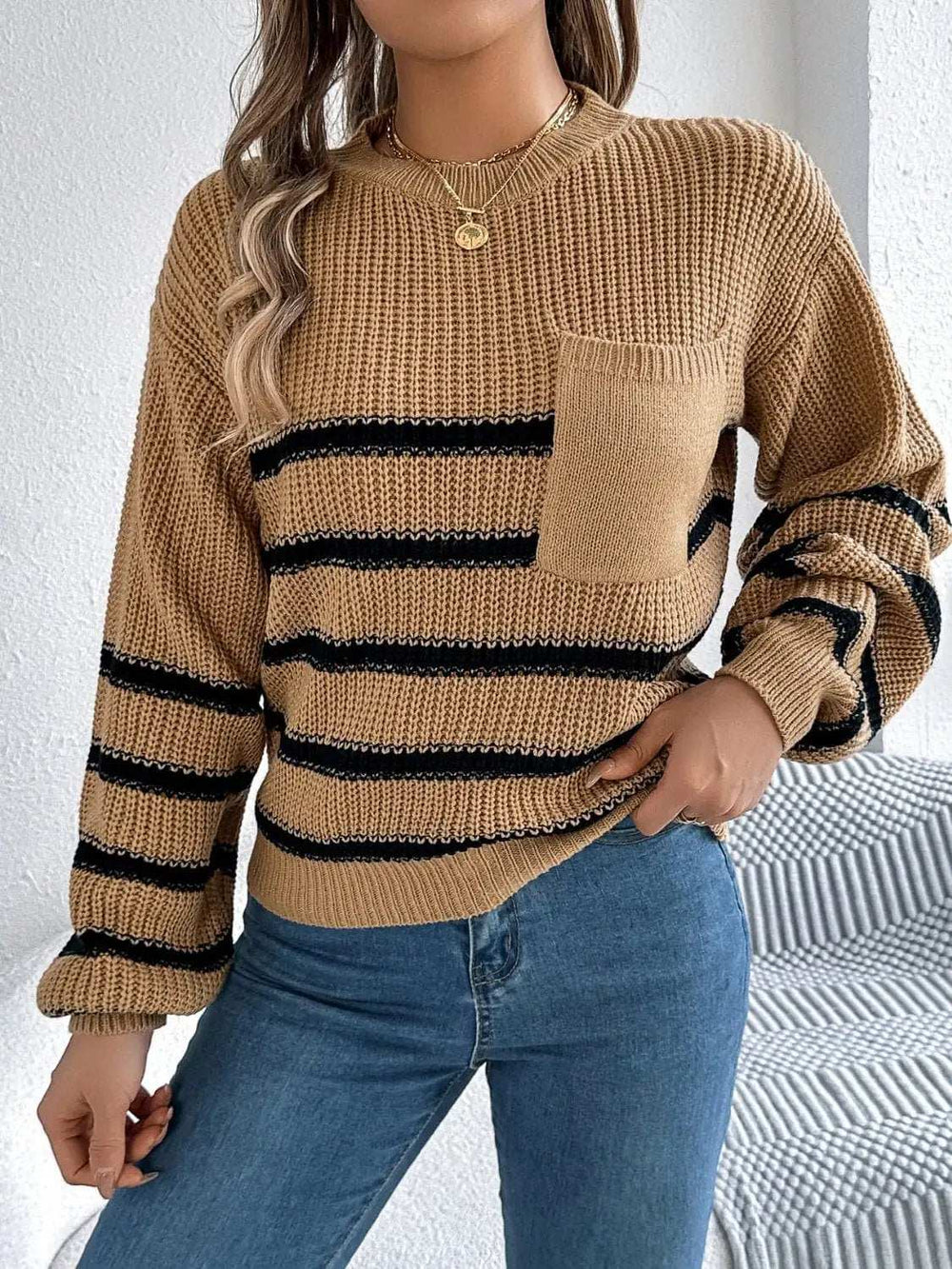 Striped Round Neck Long Sleeve Sweater - Trendsi - Flyclothing LLC
