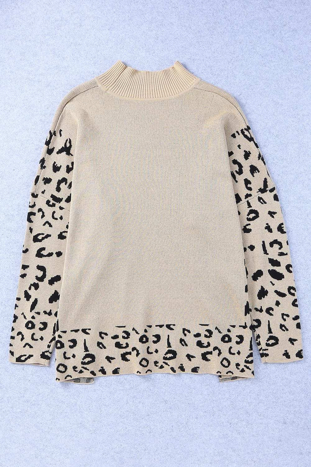 Slit Leopard Mock Neck Dropped Shoulder Sweater - Trendsi - Flyclothing LLC