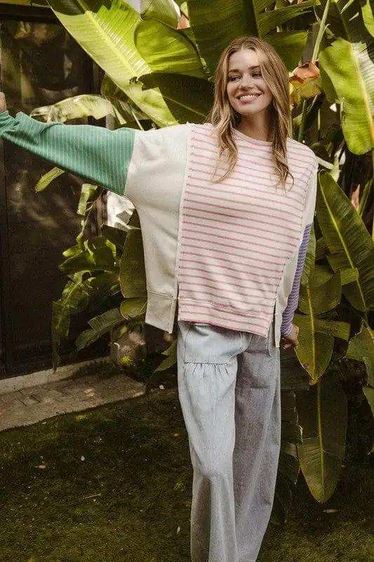 BiBi Exposed Seam Slit Striped Round Neck T-Shirt - Trendsi - Flyclothing LLC