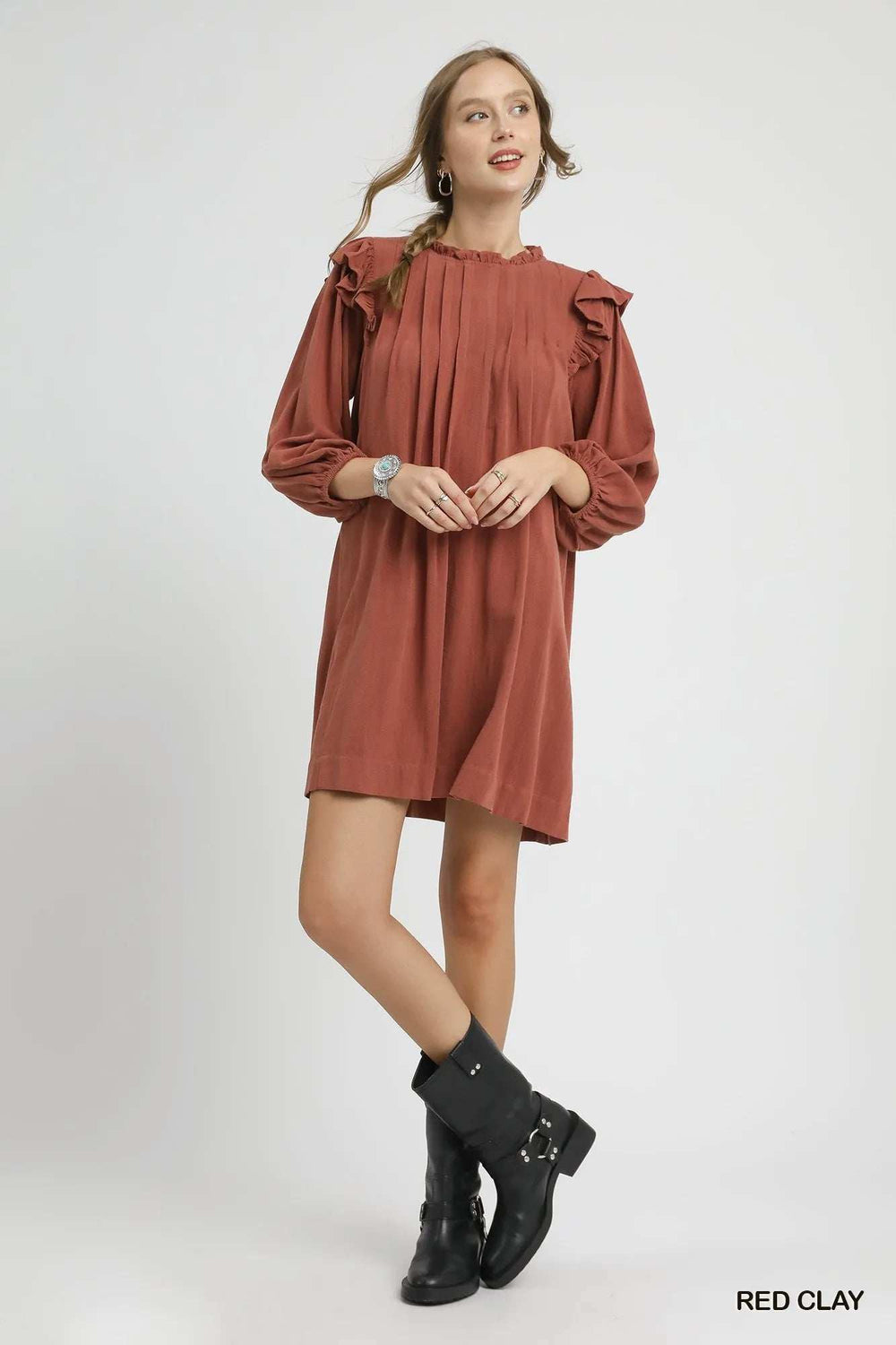 Umgee Linen Ruffle Shoulder Pleated Babydoll Dress - Trendsi - Flyclothing LLC