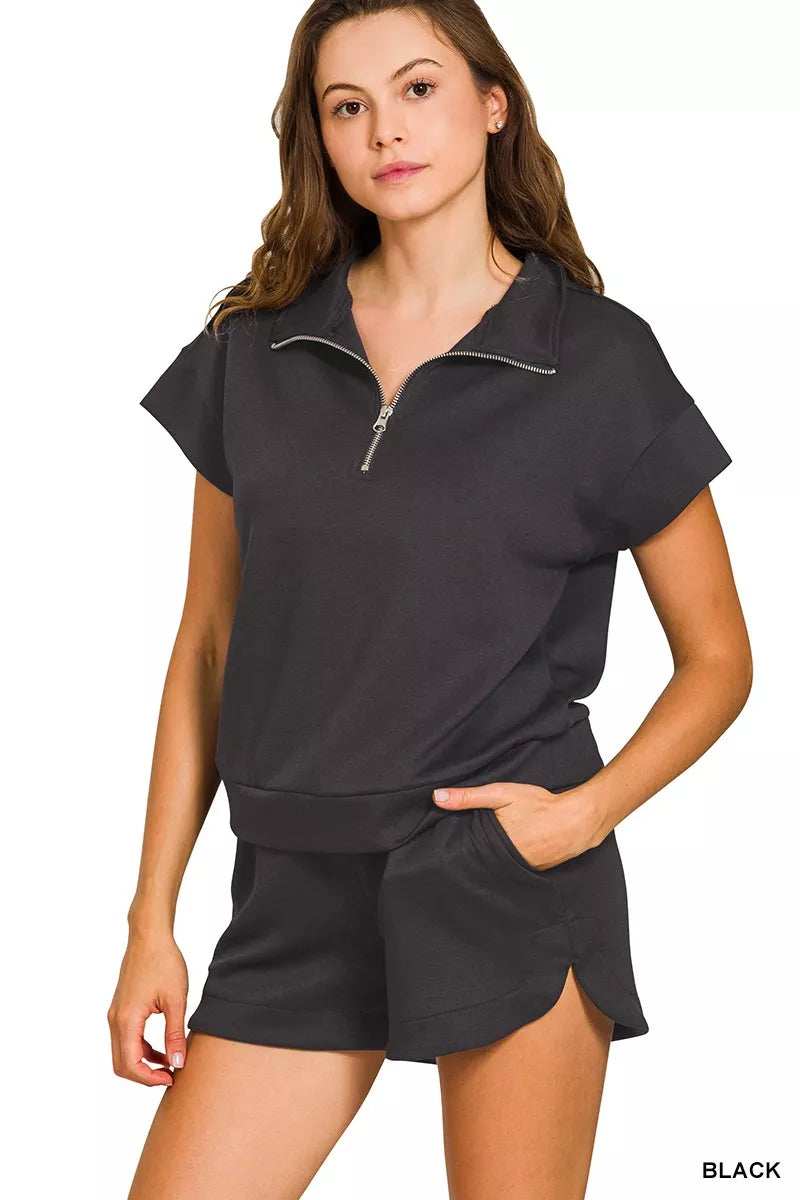 Zenana Scuba High Neck Half Zip Top and Dolphin Shorts Set - Trendsi - Flyclothing LLC