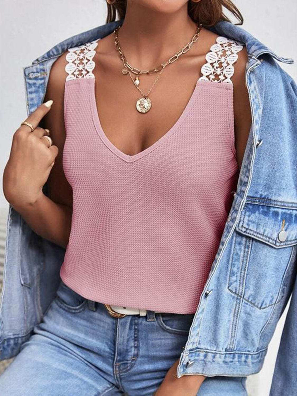 Full Size Lace Detail V-Neck Tank - Trendsi - Flyclothing LLC