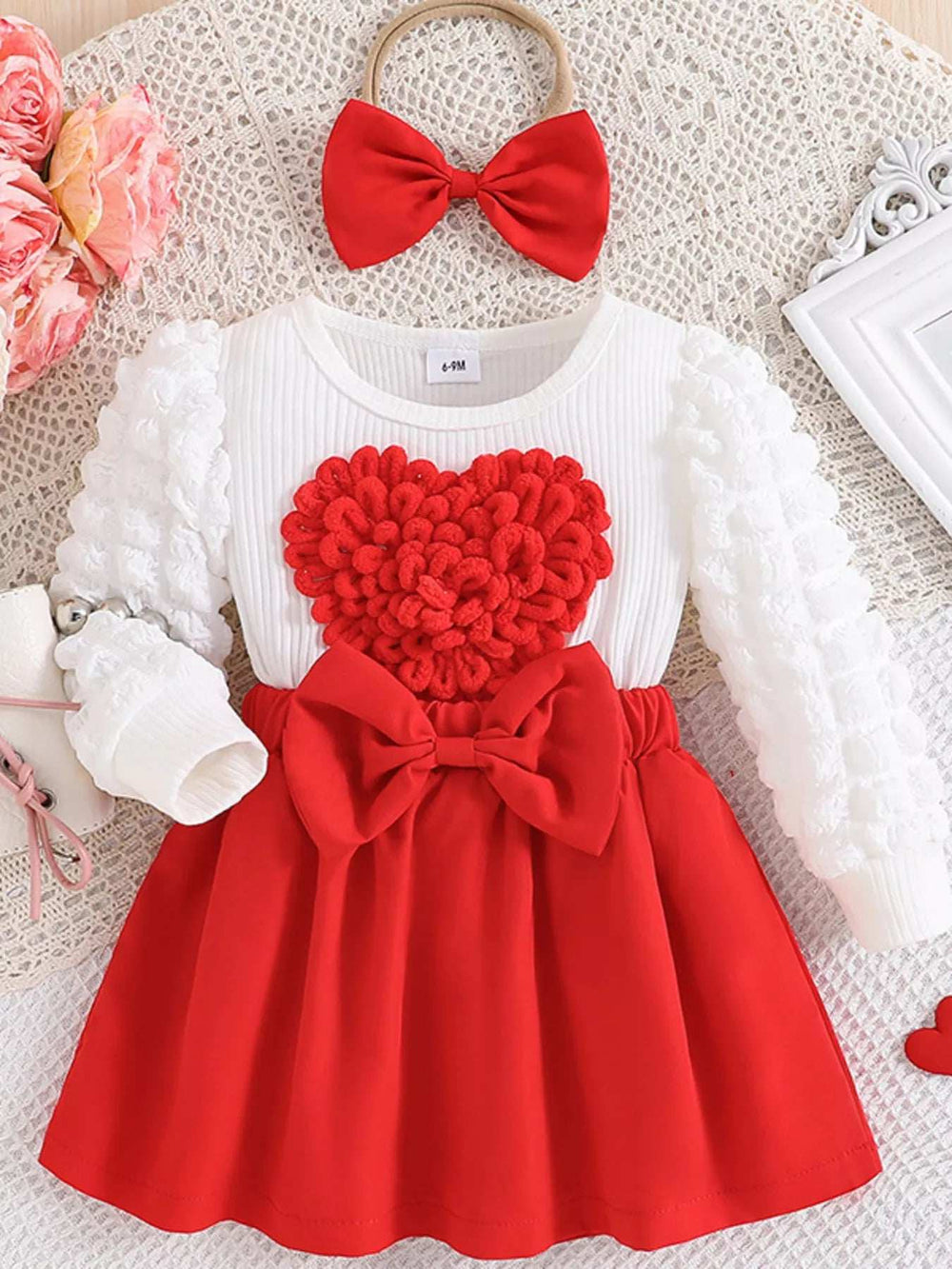 Children's Heart Bowknot Decor Dress with Headband - Trendsi - Flyclothing LLC
