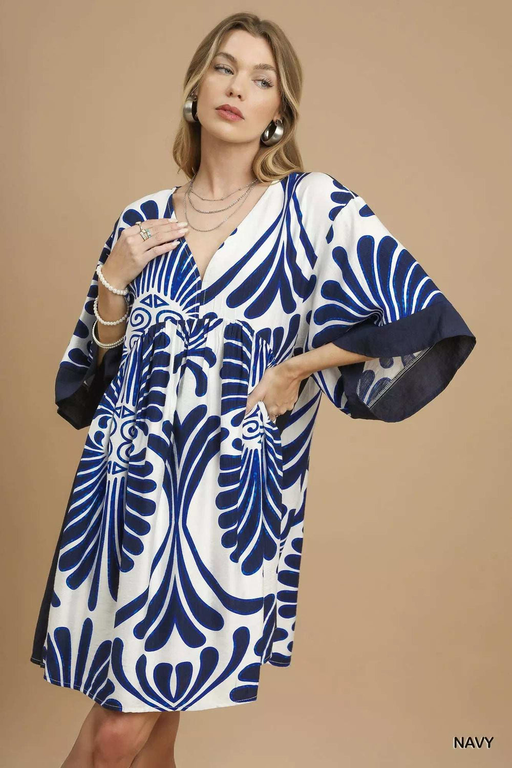 Umgee Abstract Print Kimono Sleeve Mini Dress - Trendsi - Flyclothing LLC