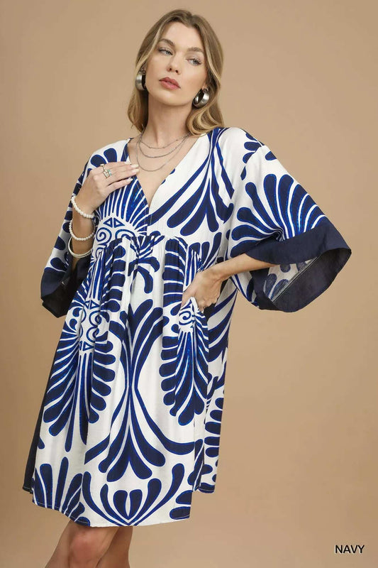 Umgee Abstract Print Kimono Sleeve Mini Dress - Trendsi - Flyclothing LLC