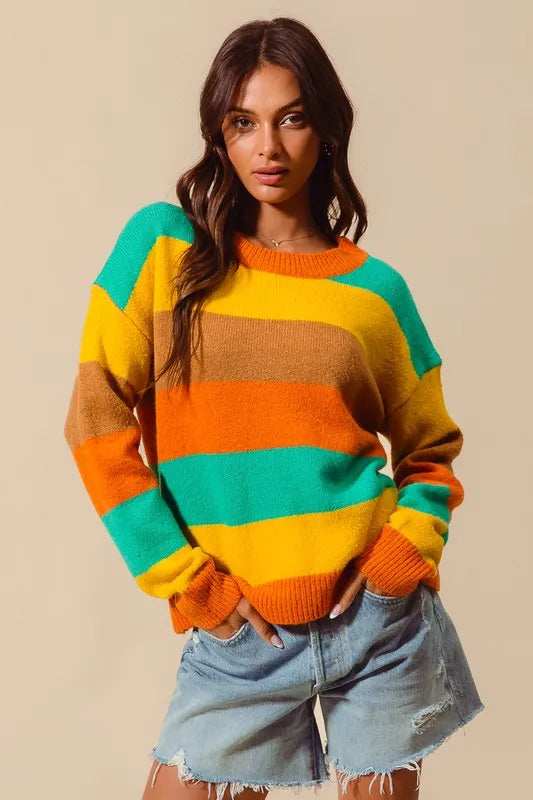 SO ME Multi Color Stripe Sweater with Ribbed Detail - Trendsi - Flyclothing LLC