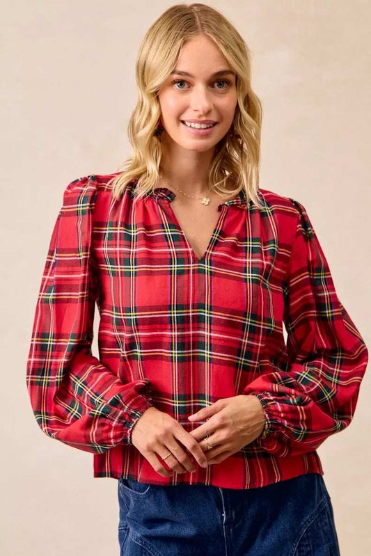 BiBi Christmas Plaid Balloon Sleeves Ruffled V-Neck Top - Trendsi - Flyclothing LLC