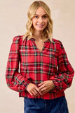 BiBi Christmas Plaid Balloon Sleeves Ruffled V-Neck Top - Trendsi - Flyclothing LLC