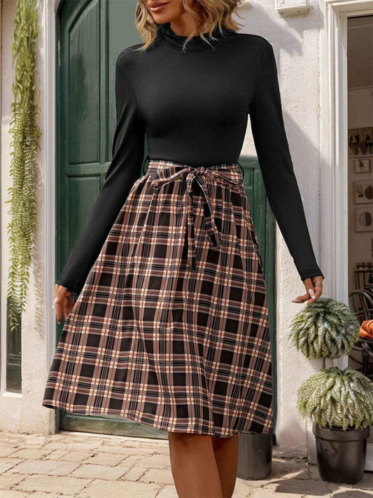 Plaid Mock Neck Long Sleeve Dress - Trendsi - Flyclothing LLC