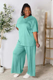 Double Take Full Size Round Neck Slit Top and Pants Set - Trendsi - Flyclothing LLC