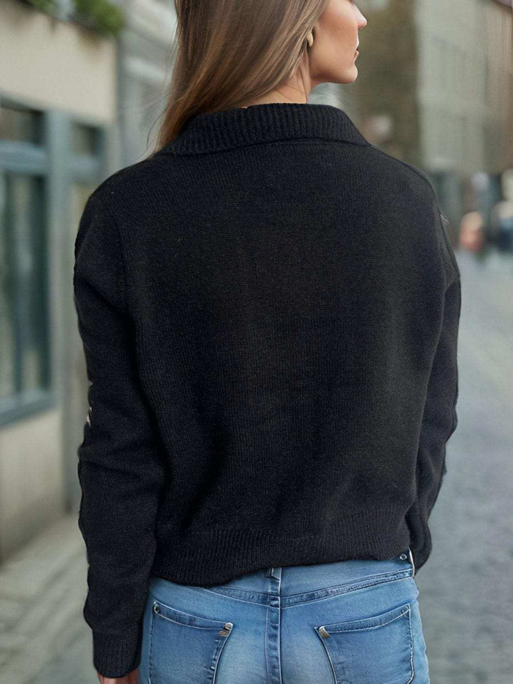 Pearl Trim Collared Neck Long Sleeve Cardigan - Trendsi - Flyclothing LLC