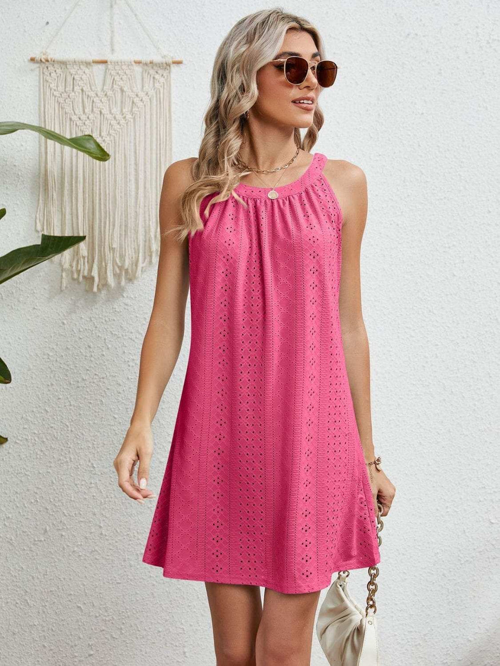 Eyelet Grecian Neck Mini Dress - Trendsi - Flyclothing LLC