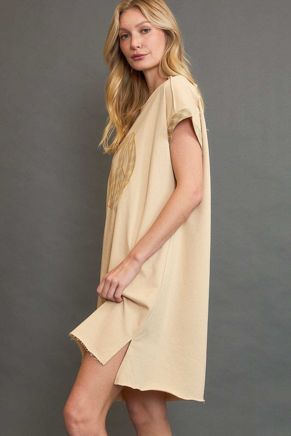 Umgee Peace Plaid Applique Short Sleeve Mini Dress - Trendsi - Flyclothing LLC