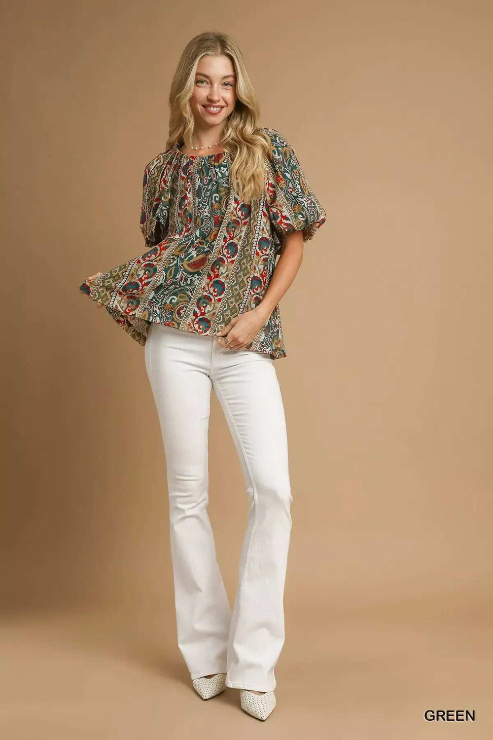 Umgee Boho Floral Stripe Puff Sleeve Blouse - Trendsi - Flyclothing LLC