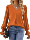 V-Neck Long Sleeve Ruffle Cuff Blouse - Trendsi - Flyclothing LLC