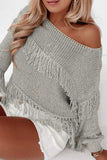 Fringe Boat Neck Long Sleeve Sweater - Trendsi - Flyclothing LLC