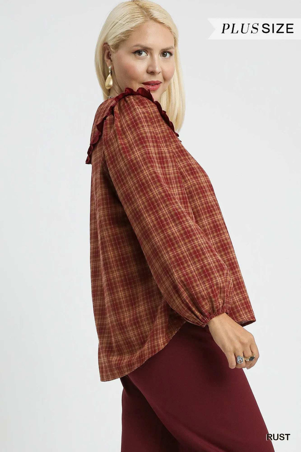 Umgee Full Size Plaid Ruffle Collar Blouse Plus Size - Trendsi - Flyclothing LLC