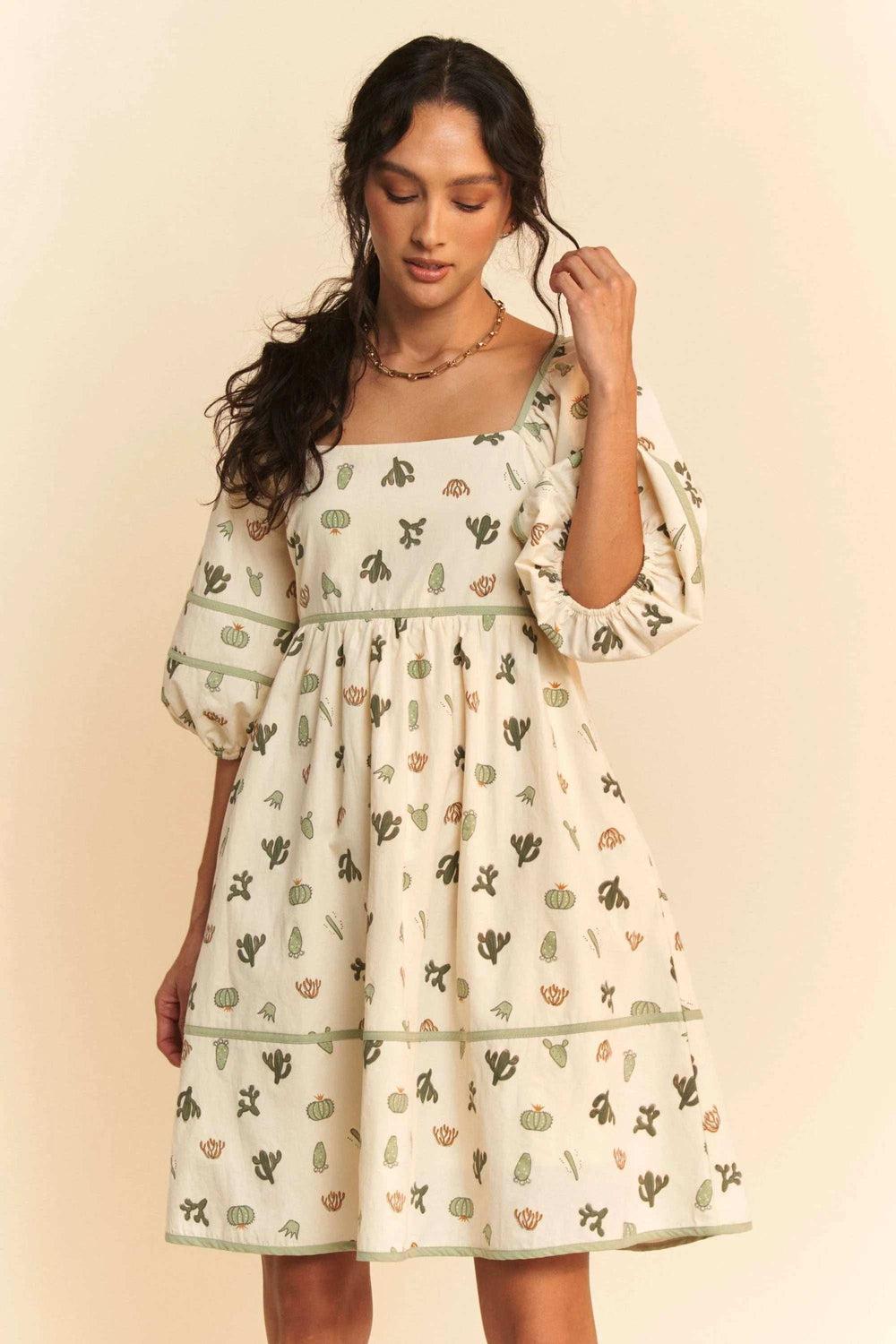 Davi & Dani Cactus Printed Poplin Contrast Piping Mini Dress - Trendsi - Flyclothing LLC
