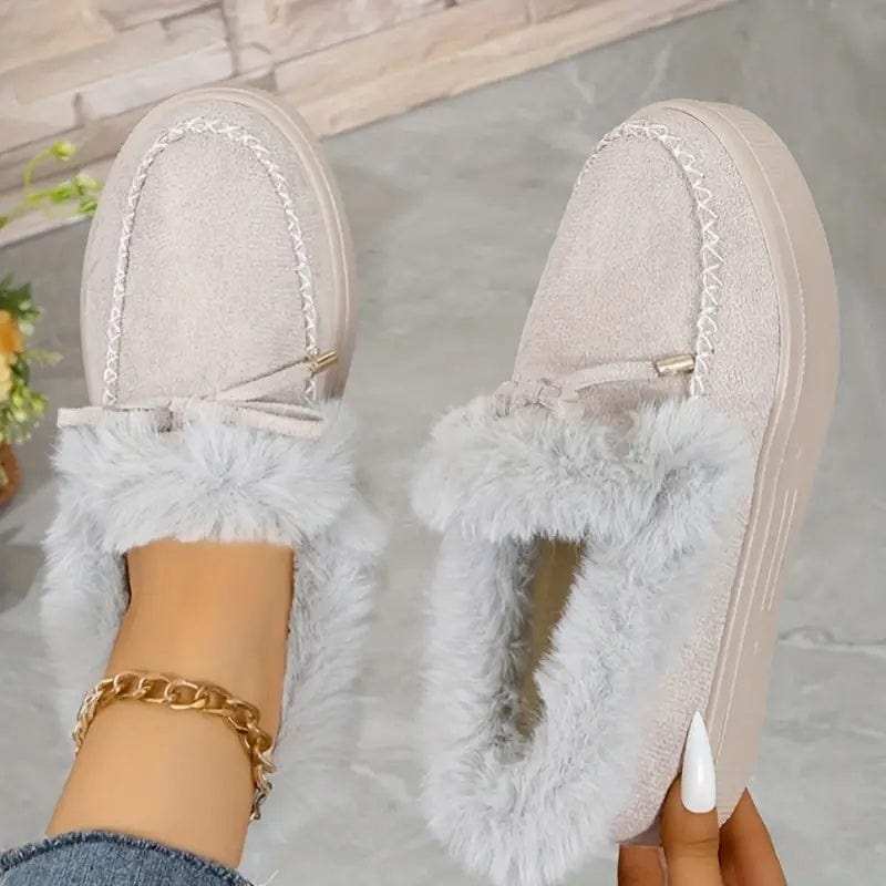 Bow Furry Round Toe Flat Slip-Ons - Trendsi - Flyclothing LLC