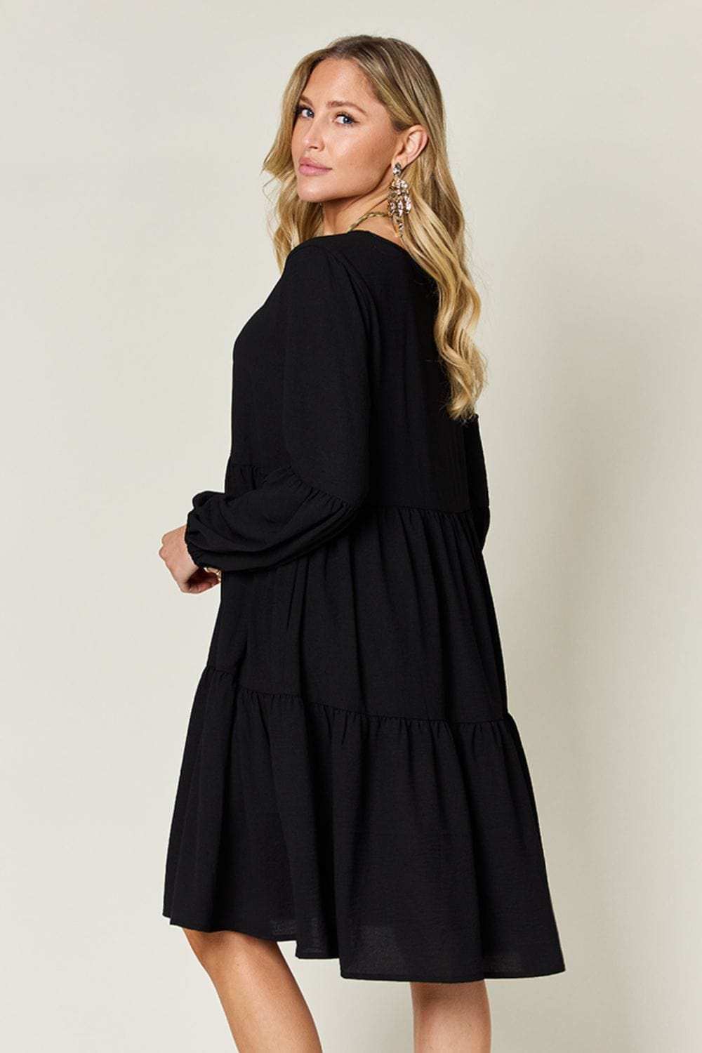 Double Take Full Size V-Neck Balloon Sleeve Tiered Dress - Trendsi - Flyclothing LLC