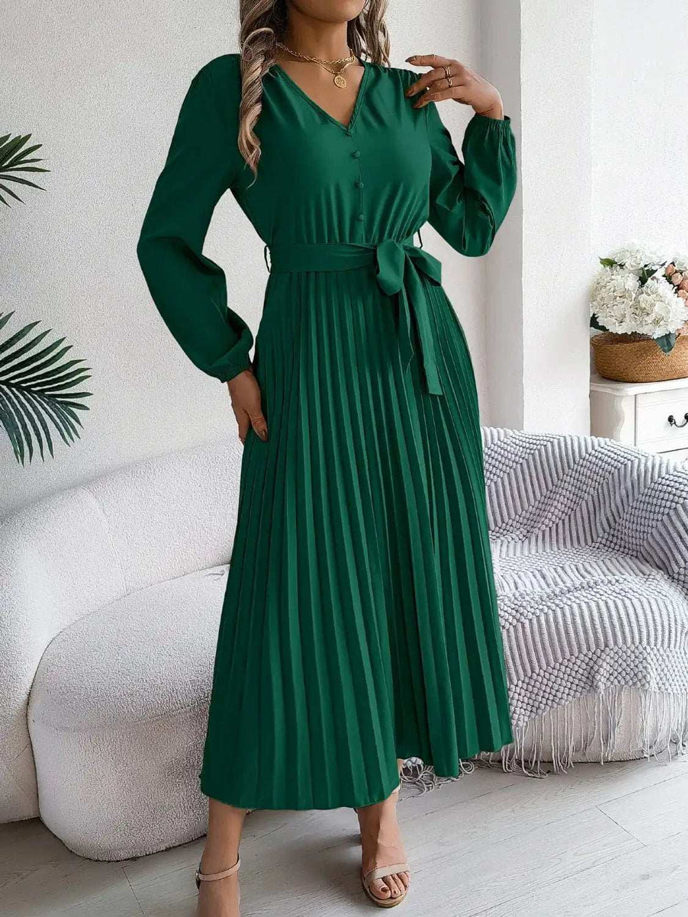 Pleated Tied V-Neck Long Sleeve Dress - Trendsi - Flyclothing LLC