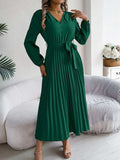 Pleated Tied V-Neck Long Sleeve Dress - Trendsi - Flyclothing LLC