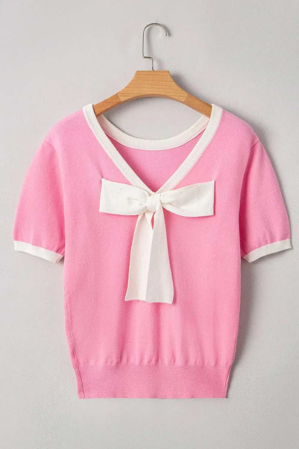 Bow Back Round Neck Short Sleeve Knit Top - Trendsi - Flyclothing LLC