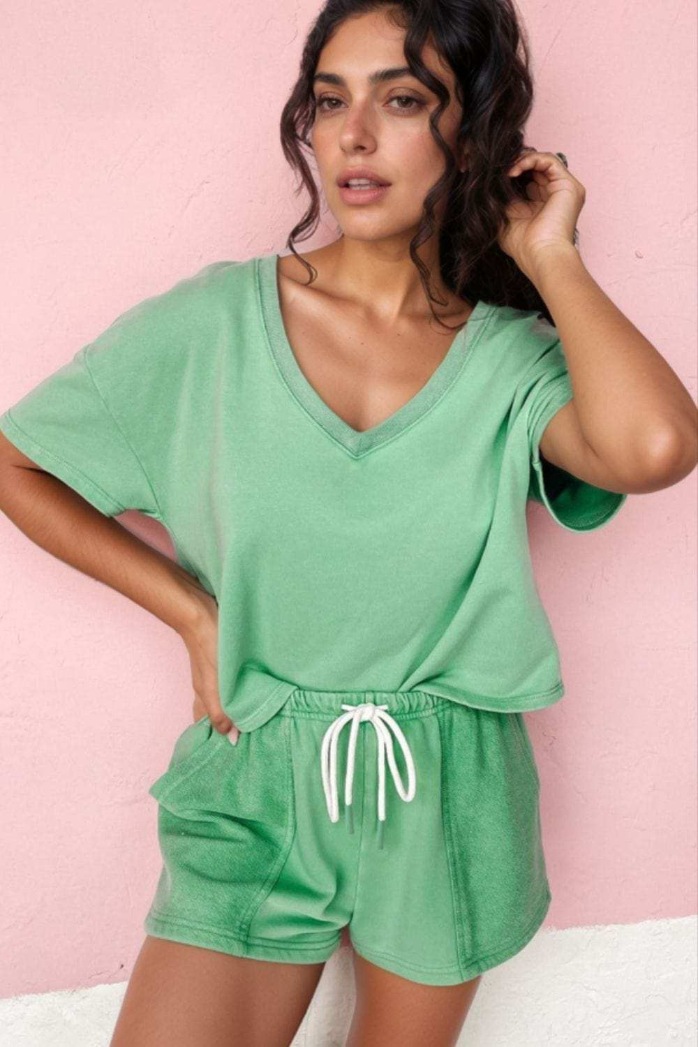 V-Neck Short Sleeve Loose Top and Drawstring Shorts Set - Trendsi - Flyclothing LLC
