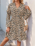 Perfee Printed Tie Neck Long Sleeve Mini Dress - Trendsi - Flyclothing LLC
