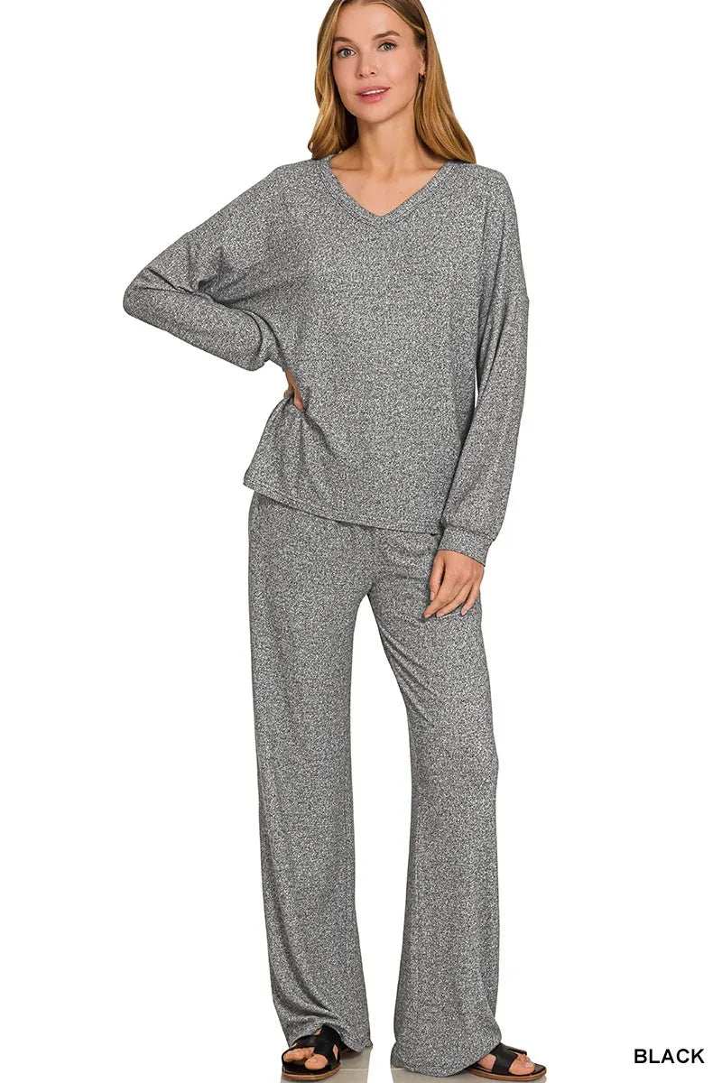 Zenana Soft Melange Long Sleeve Tee & Pants Set - Trendsi - Flyclothing LLC