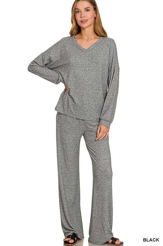 Zenana Soft Melange Long Sleeve Tee & Pants Set - Trendsi - Flyclothing LLC