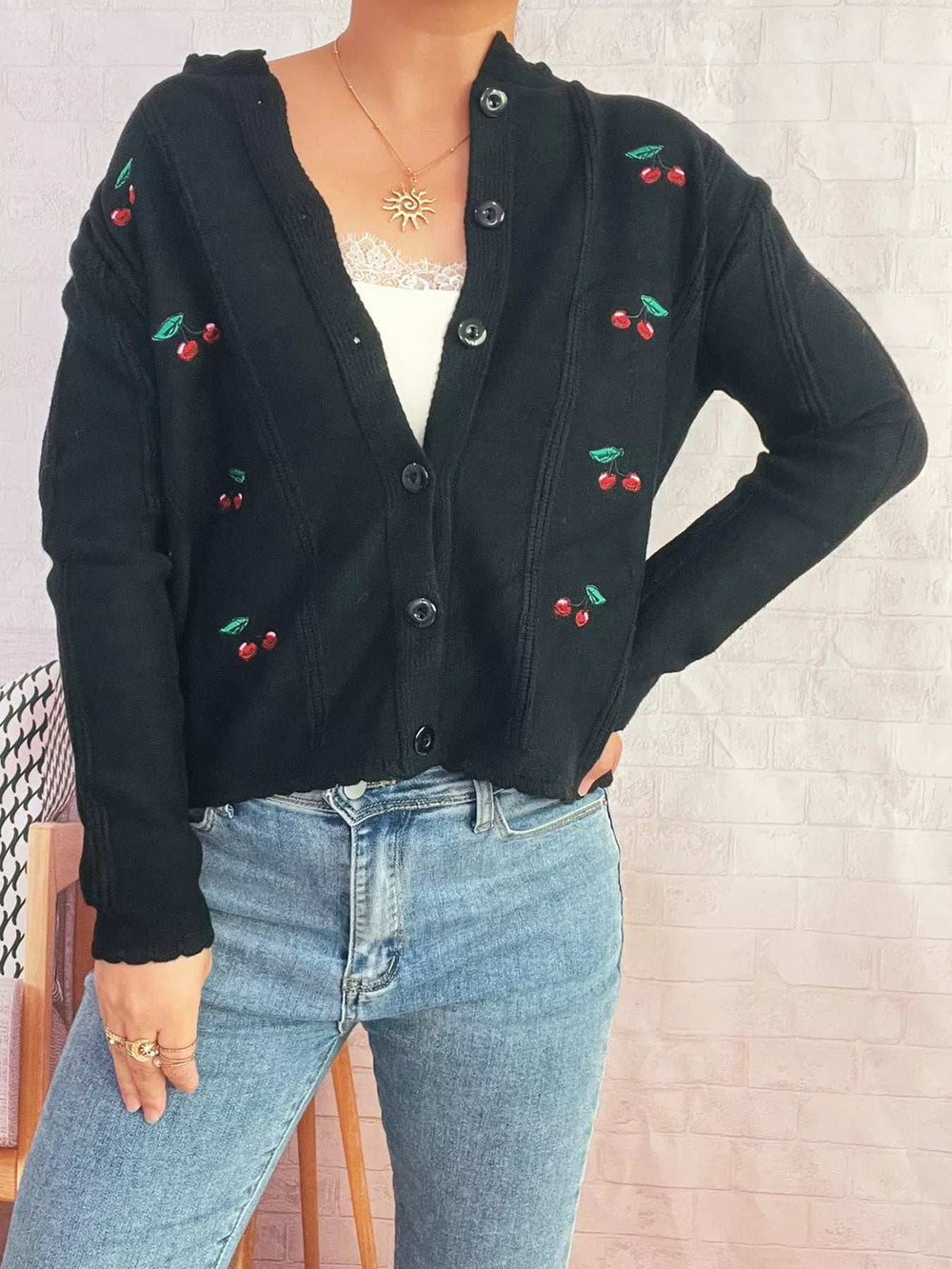 Cherry Embroidered Button Up Cardigan - Trendsi - Flyclothing LLC