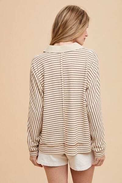 Annie Wear Striped Button Detail Long Sleeve Polo Top - Trendsi - Flyclothing LLC