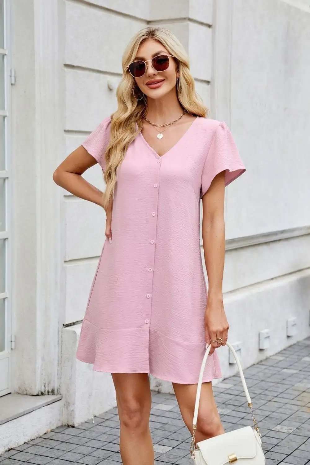 Tied Button Up Short Sleeve Mini Shirt Dress - Trendsi - Flyclothing LLC