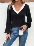 Contrast V-Neck Long Sleeve T-Shirt - Trendsi - Flyclothing LLC