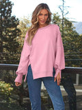 Slit Round Neck Long Sleeve Sweatshirt - Trendsi - Flyclothing LLC