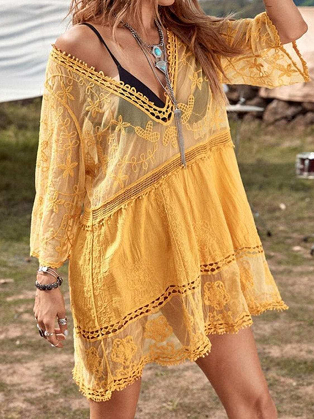 Lace Detail Plunge Cover-Up Dress - Trendsi - Flyclothing LLC