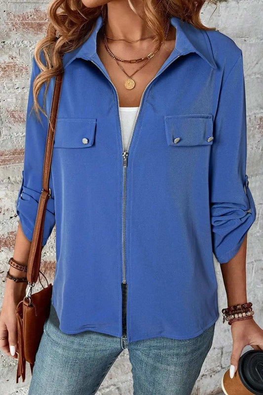 Pocketed Zip Up Collared Neck Long Sleeve Jacket - Trendsi - Flyclothing LLC