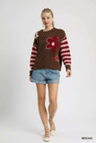 Umgee Flower Jacquard Striped Long Sleeve Sweater - Trendsi - Flyclothing LLC