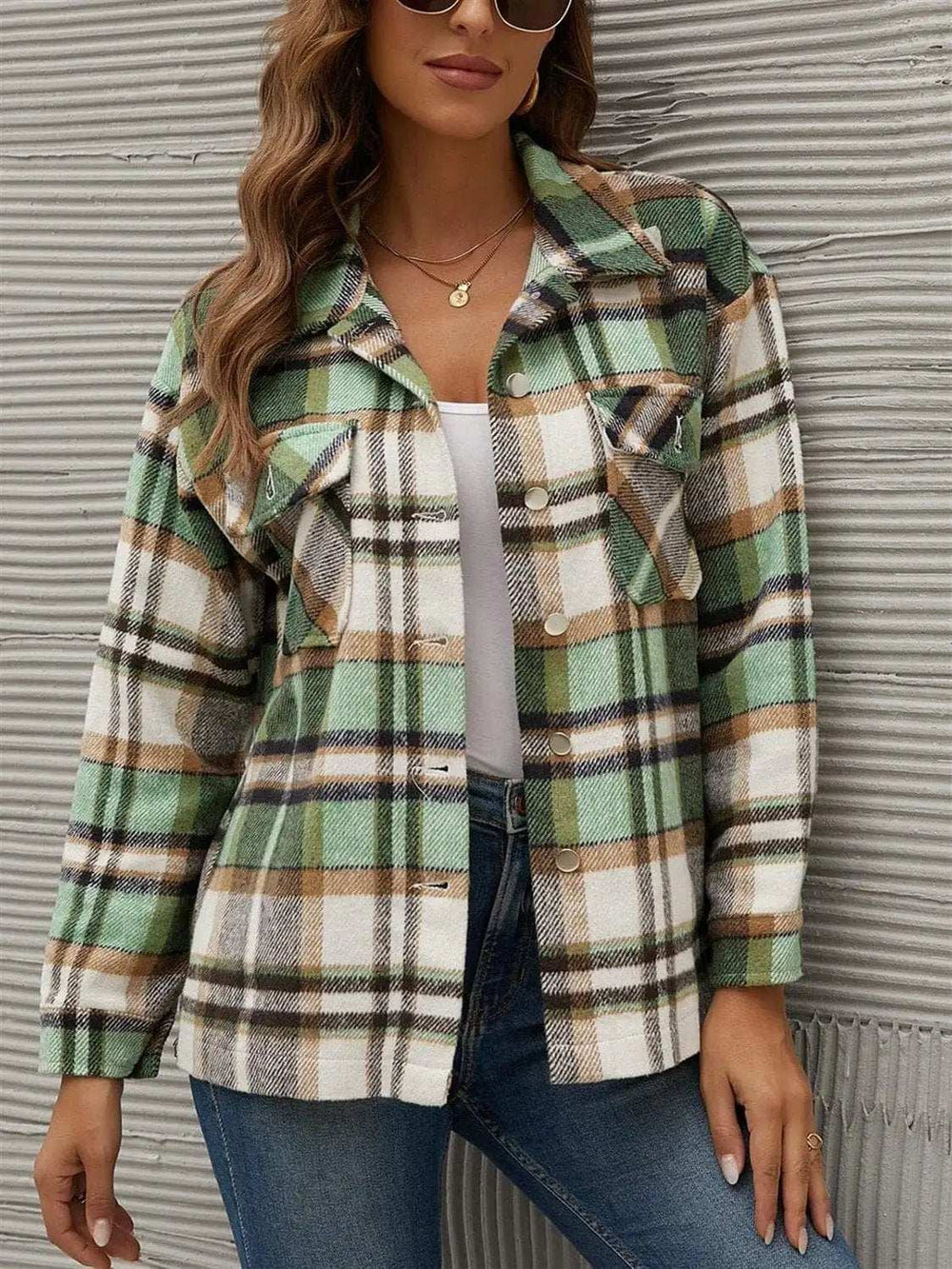 Plaid Collared Neck Long Sleeve Jacket - Trendsi - Flyclothing LLC