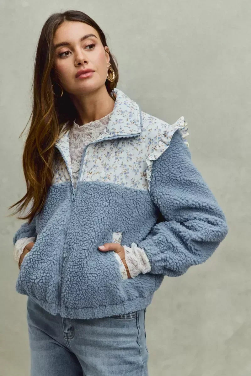 SO ME Faux Fur Sherpa Pull Jacket with Floral Contrast - Trendsi - Flyclothing LLC