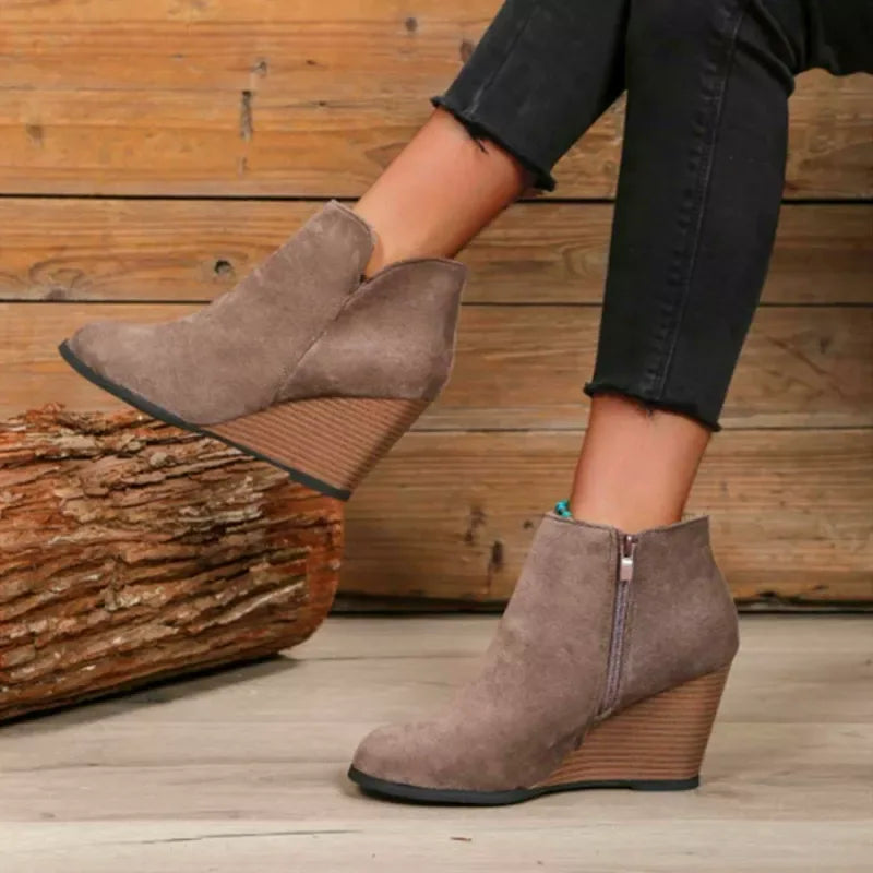 Round Toe Wedge Ankle Boots - Trendsi - Flyclothing LLC