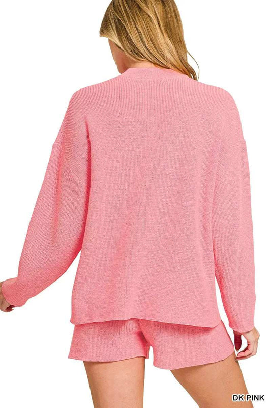 Zenana Round Neck Knit Top and Shorts Sweater Set - Trendsi - Flyclothing LLC