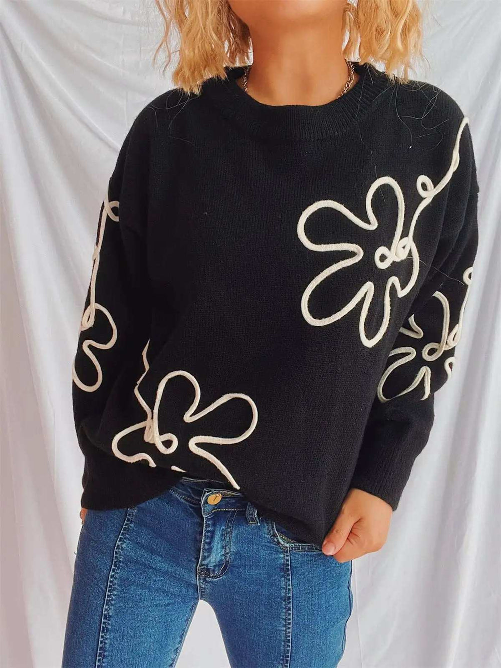 Flower Round Neck Long Sleeve Sweater - Trendsi - Flyclothing LLC