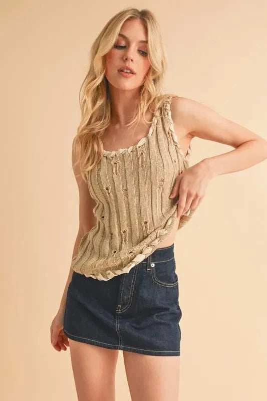 Aemi+Co Distressed Detail Round Neck Knit Tank - Trendsi - Flyclothing LLC