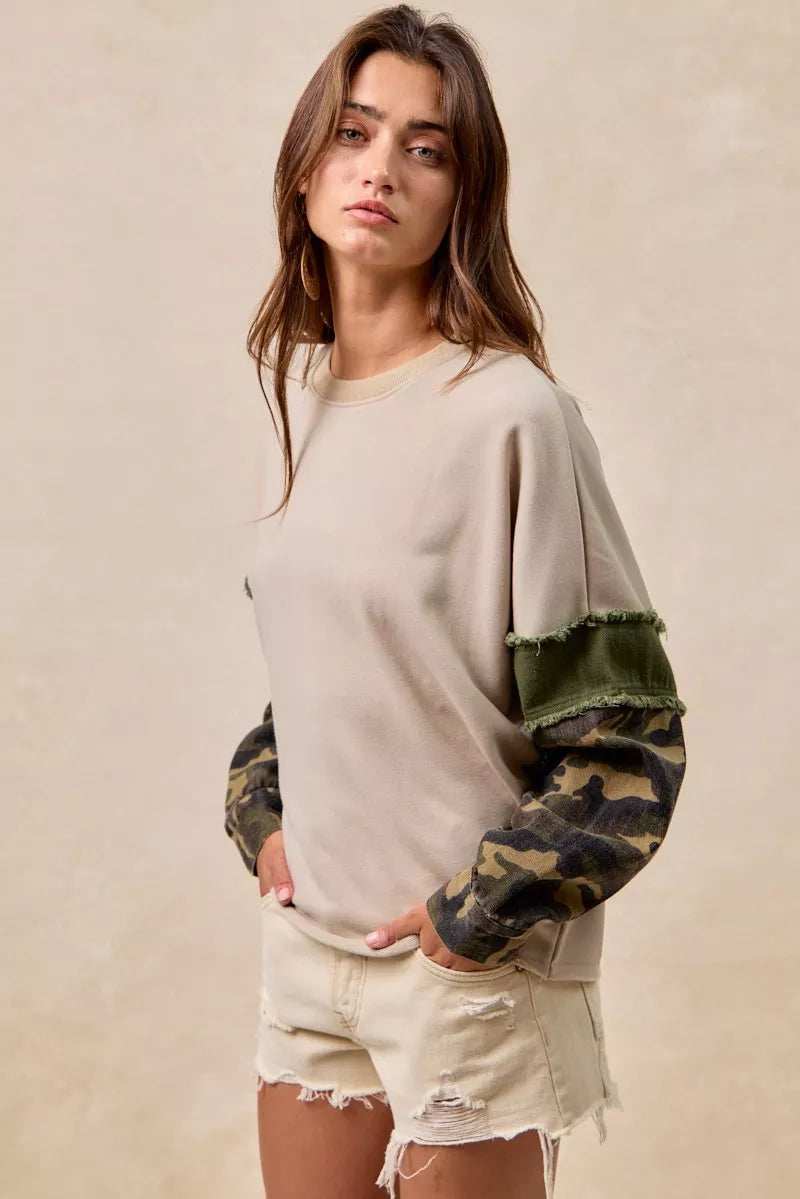 BiBi Camo Sleeve French Terry Top with Frayed Edge - Trendsi - Flyclothing LLC