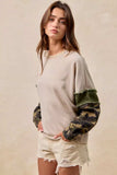 BiBi Camo Sleeve French Terry Top with Frayed Edge - Trendsi - Flyclothing LLC
