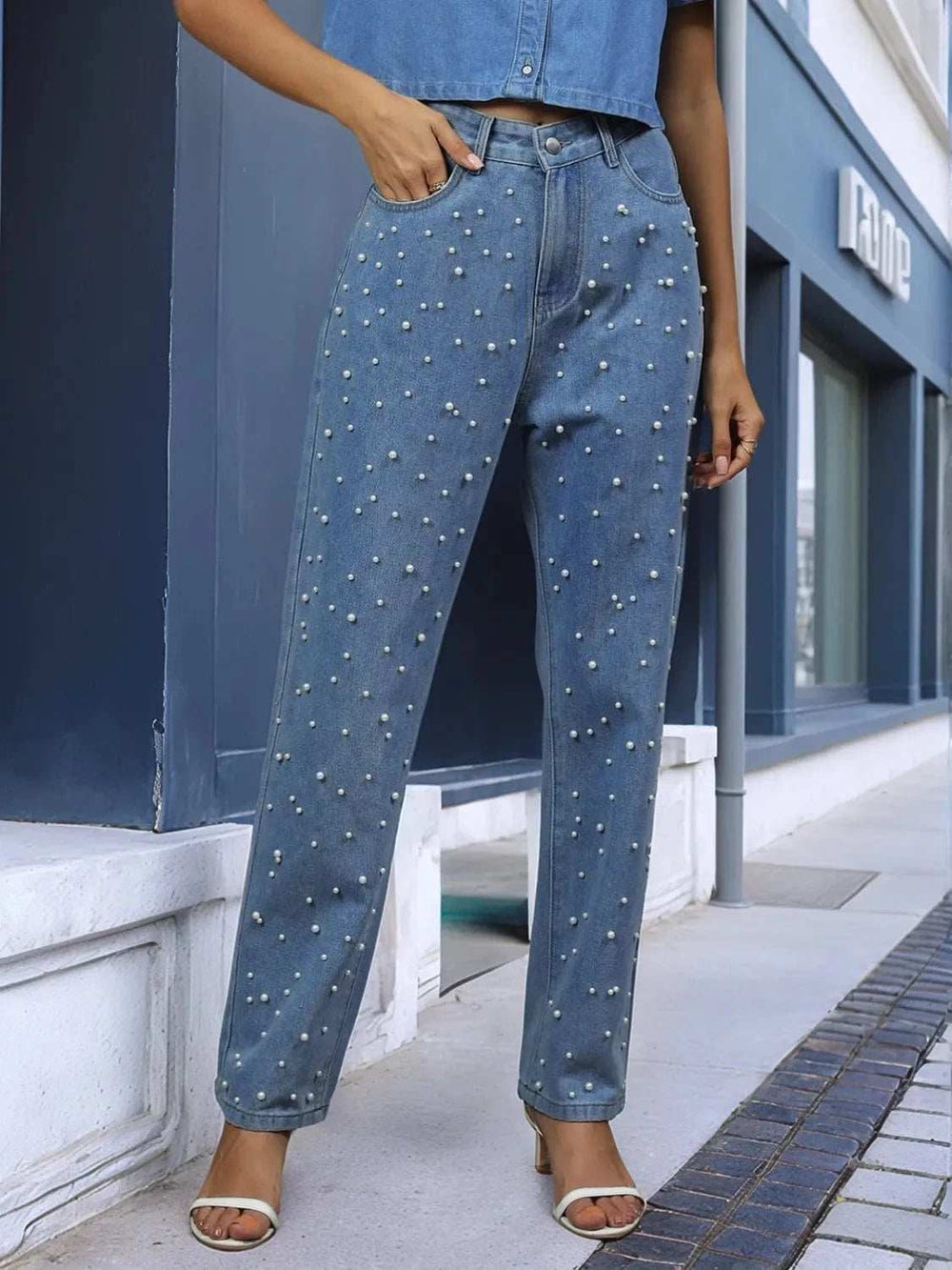 Pearl Detail Jeans with Pockets - Trendsi - Flyclothing LLC