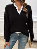Lace Detail Notched Long Sleeve Sweater - Trendsi - Flyclothing LLC